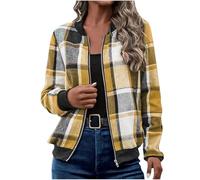 shownicer Karierte Bomberjacke Damen Langarm Zip Up Übergangsjacke Herbst Blouson Jacke A Gelb XXL