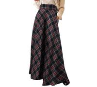 shownicer Karierter Rock Damen Warm Winterrock Lang A-Linie Rock Kariert Elastische Vintage Faltenrock Swing Wollrock Rock A Schwarz L