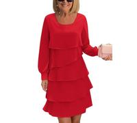 shownicer Kleid Damen Elegant Chiffon Rundhals Rüschen Langarm Cocktailkleid Freizeitkleid A Rot XL