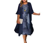 shownicer Kleid Zweiteiliger Damen Abendkleider Elegant Druck Cocktailkleid Festliche Hochzeit Party Midi Kleid Mit Cardigan 2 Stück A Marine 3XL