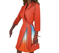 shownicer Kleider für Damen V-Ausschnitt Midi Langarm Cocktailkleid A-Linie Knielang Kleider Vintage Faltenrock Wickelkleid mit Gürtel B Orange M