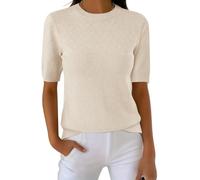 shownicer Kurzarm Pullover Damen Frühling Pulli Elegant Sommer Leicht Basic Strickpullover A Beige S