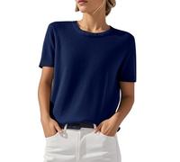 shownicer Kurzarm Pullover Damen Strickpullover Rundhalsausschnitt Kurzarmpullover Sommer Leicht Strickpulli A Marine L