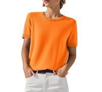 shownicer Kurzarm Pullover Damen Strickpullover Rundhalsausschnitt Kurzarmpullover Sommer Leicht Strickpulli A Orange L