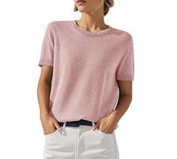 shownicer Kurzarm Pullover Damen Strickpullover Rundhalsausschnitt Kurzarmpullover Sommer Leicht Strickpulli A Hellrosa L