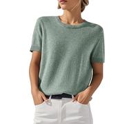 shownicer Kurzarm Pullover Damen Strickpullover Rundhalsausschnitt Kurzarmpullover Sommer Leicht Strickpulli A Hellgrün M