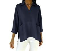 shownicer Leinenbluse Damen Frühling Sommer Musselin Bluse Langarm Leinenhemd Elegante Tunika Oversized Hemdbluse B Marine XL