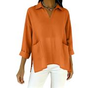 shownicer Leinenbluse Damen Frühling Sommer Musselin Bluse Langarm Leinenhemd Elegante Tunika Oversized Hemdbluse B Orange L