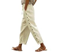 shownicer Leinenhose Damen 7/8 Lang Sommerhose Baumwolle Leinen Freizeithose Lässige Einfarbig Stoffhose Loose Fit Strandhose Schlupfhose mit Taschen A Aprikose XL