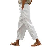 shownicer Leinenhose Damen 7/8 Lang Sommerhose Baumwolle Leinen Freizeithose Lässige Einfarbig Stoffhose Loose Fit Strandhose Schlupfhose mit Taschen A Weiß XL
