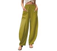 shownicer Leinenhose Damen Lang Weites Bein High Waist Sommerhose Elegant Stretch Bequem Stoff Leinen Hose Leicht Luftig Sommerhose Locker Stoffhose Schlupfhose A Gelb L