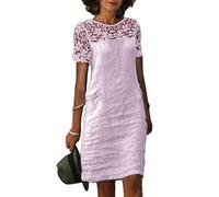 shownicer Leinenkleid Damen Kurzarm Sommerkleid mit Spitzen Boho Kleid Strandkleid Knielang Leinenkleider Baumwolle Leinen Blusenkleid Freizeitkleid Elegant Sommer Tunika Kleid A Violett XL