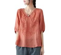 shownicer Musselin Bluse Damen Sommer Frühling Leinenbluse Leicht und Luftig Leinenhemd Bestickte Blusen 3/4 Arm Shirt B Orange L
