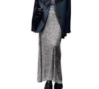 shownicer Pailletten Rock Damen Lang A-Linie Glitzer Rock Langer Elastisch Taille High Waist Festlich Party Glitzerrock A Grau XL