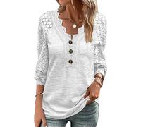 shownicer Pullover Damen Spitze Langarm Strickpullover Pulli Casual Rundhals Lose Oberteile Elegant Herbst Winter Langarmshirt Sweatshirt Tops A Weiß L