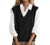 shownicer Pullunder Damen Ärmellos Strickpullunder V-Ausschnitt Strick Weste Einfarbig Strickweste Freizeit Sweater A Schwarz XL