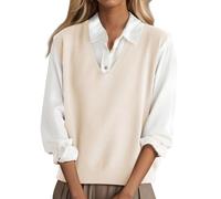shownicer Pullunder Damen Ärmellos Strickpullunder V-Ausschnitt Strick Weste Einfarbig Strickweste Freizeit Sweater A Beige S