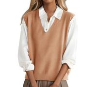 shownicer Pullunder Damen Ärmellos Strickpullunder V-Ausschnitt Strick Weste Einfarbig Strickweste Freizeit Sweater A Khaki M
