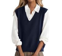 shownicer Pullunder Damen Ärmellos Strickpullunder V-Ausschnitt Strick Weste Einfarbig Strickweste Freizeit Sweater A Marine S