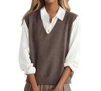 shownicer Pullunder Damen Ärmellos Strickpullunder V-Ausschnitt Strick Weste Einfarbig Strickweste Freizeit Sweater A Kaffee XS