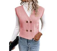 shownicer Pullunder Damen Ärmellose V-Ausschnitt Strickweste Sweater Casual Einfarbig Kurze Strickpullover Mit Knopf A Rosa XS