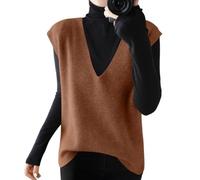 shownicer Pullunder Damen V-Ausschnitt Strickweste Ärmellos Strick Vest Loose Fit Damenpullunder A Braun M