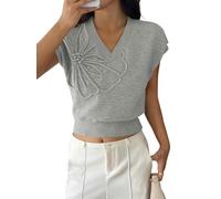 shownicer Pullunder Damen V Ausschnitt Strickweste Blumen Pullover Leicht Stricktop A Hellgrau XL