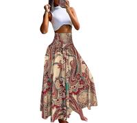 shownicer Rock Damen Lang Boho Blumen Hohe Elastische Taille mit Taschen und Gürtel Maxi Skirt Faltenrock Strandrock Freizeitrock A Aprikose S