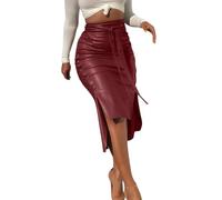 shownicer Rock Damen PU Leder Röcke Hüftrock Elegant High Waist Bleistift Midi Rock Lederrock mit Schlitz Freizeitrock Festlich Party Büro A Rot XL