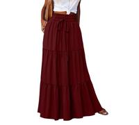 shownicer Rock Lang Damen Boho Blumen Elastische Hohe Taille Maxi Skirt Strandrock Freizeitrock Casual Faltenrock Mit Kordelzug A Weinrot S