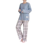 shownicer Schlafanzug Damen Lang Winter Langarm Pyjama Set Zweiteiliger Nachtwäsche Sleepwear und Karierte Pyjamahose Loungewear für Frühling Herbst A Blau M