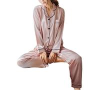 shownicer Schlafanzug Damen Lang Zweiteiliger Schlafanzug Satin Nachtwäsche Sexy V Ausschnitt Weihnachten Party Einfarbig Pyjama Set mit Knopfleiste A Rosa XXL