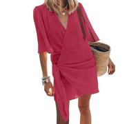 shownicer Sommerkleid Damen Leinen Kleider Knielang Casual Strandkleider Kurzarm Sommer Freizeitkleid Leinenkleider A-Linie Luftige Blusenkleid Strandtunika Mini Kleid Cover Up A Rot S