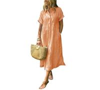 shownicer Sommerkleid Damen Sommer Boho Kleid Lang Casual V-Ausschnitt Blumendruck Kleider 3/4 Ärmel Blusenkleid Midikleid Mit Schlitz B Orange L