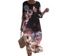 shownicer Sommerkleider Damen Kurzarm Lässig V-Ausschnitt Baumwoll Leinen Kleid Lässige Lose Knielang Blumenmuster Midi Kleid Freizeitkleid Strandkleider D Schwarz XXL