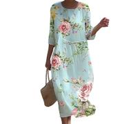 shownicer Sommerkleider Damen Kurzarm Lässig V-Ausschnitt Baumwoll Leinen Kleid Lässige Lose Knielang Blumenmuster Midi Kleid Freizeitkleid Strandkleider D Blau XS