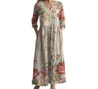 shownicer Sommerkleider Damen Lang Boho Kleid 3/4 Ärmel Freizeitkleid Sommer V Ausschnitt Maxikleider Blumendruck Strandkleid A Khaki2 L