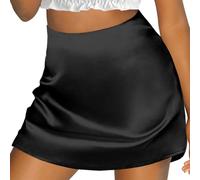 shownicer Sommerrock Damen Casual Satin Rock A-Linie Einfarbig Minirock Freizeitrock Kurz Hohe Taille Röcke Streetwear A Schwarz 3XL