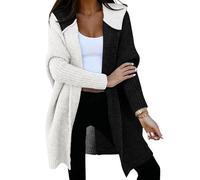 shownicer Strickjacke Damen Lang Cardigan mit Kapuze Farbblock Offen Kapuzenpullover Grobstrickjacke Strickmantel Strickpullover Herbst Winter Open Front Sweater A Weiß-schwarz XL