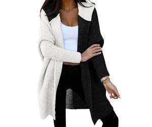 shownicer Strickjacke Damen Lang Cardigan mit Kapuze Farbblock Offen Kapuzenpullover Grobstrickjacke Strickmantel Strickpullover Herbst Winter Open Front Sweater A Weiß-schwarz XL