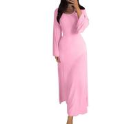 shownicer Strickkleid Damen Lang Rundhals Geripptes Pulloverkleid Langarm Sweater Tunika Einfarbig Herbst Winterkleid Warme Strick Sweater Kleid A Rosa XS