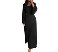 shownicer Strickkleid Damen Lang Rundhals Geripptes Pulloverkleid Langarm Sweater Tunika Einfarbig Herbst Winterkleid Warme Strick Sweater Kleid A Schwarz XL