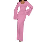 shownicer Strickkleid Damen Lang Rundhals Geripptes Pulloverkleid Langarm Sweater Tunika Einfarbig Herbst Winterkleid Warme Strick Sweater Kleid B Rosa M