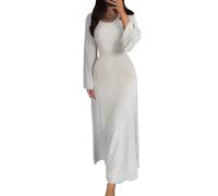 shownicer Strickkleid Damen Lang Rundhals Geripptes Pulloverkleid Langarm Sweater Tunika Einfarbig Herbst Winterkleid Warme Strick Sweater Kleid A Hellgrau XS