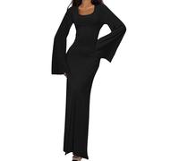 shownicer Strickkleid Damen Lang Rundhals Geripptes Pulloverkleid Langarm Sweater Tunika Einfarbig Herbst Winterkleid Warme Strick Sweater Kleid B Schwarz L