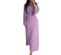 shownicer Strickkleid Damen Lang Rundhals Geripptes Pulloverkleid Langarm Sweater Tunika Einfarbig Herbst Winterkleid Warme Strick Sweater Kleid A Violett L