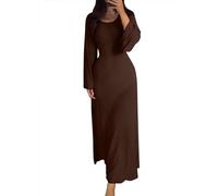 shownicer Strickkleid Damen Lang Rundhals Geripptes Pulloverkleid Langarm Sweater Tunika Einfarbig Herbst Winterkleid Warme Strick Sweater Kleid A Braun XL