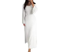 shownicer Strickkleid Damen Lang Rundhals Geripptes Pulloverkleid Langarm Sweater Tunika Einfarbig Herbst Winterkleid Strick Sweater Kleid A Weiß XL