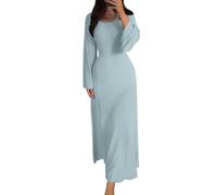 shownicer Strickkleid Damen Lang Rundhals Geripptes Pulloverkleid Langarm Sweater Tunika Einfarbig Herbst Winterkleid Warme Strick Sweater Kleid A Blau L