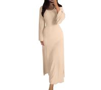 shownicer Strickkleid Damen Lang Rundhals Geripptes Pulloverkleid Langarm Sweater Tunika Einfarbig Herbst Winterkleid Warme Strick Sweater Kleid A Aprikose XL